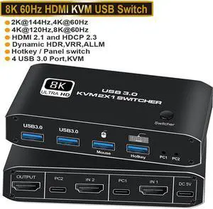 2 Port HDMI KVM Switch, 2 in 1 Out 8K USB 3.0 KVM Switch 2x1, HDMI2.1 Ports + 4x USB3.0 KVM Ports, Share 2 Computers one Monitor Switch, Supports 8K 60Hz,4K 120Hz,YUV 4:4:4, HDCP 2.3, H-D-R 10, Hotkey