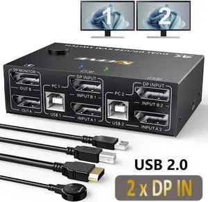 Displayport KVM Switch Dual Monitor, DisplayPort 1.4 USB KVM 8K@30Hz 2 in 2 Out,DP Extended Display KVM Switch for 2 Computers Share 2 Monitors and 4x USB 2.0 Ports, with Wired Remote and 4 Cables