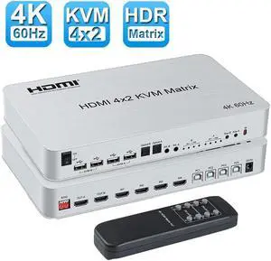 4 Port USB HDMI KVM Matrix Switch, HDMI 4x2 Dual Monitor KVM Matrix, 4K @60Hz HDR Switch Splitter HDMI 2.0 Audio Video Converter Support PC Keyboard Mouse