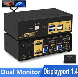 2 Port DP USB 3.0 Dual Monitor Displayport KVM Switch, DP 1.4 8K@30Hz 4K@144Hz Extended Display, DP KVM Switch 2 Computers 2 Monitors with Audio Microphone Output, with Cables and Wired Controller