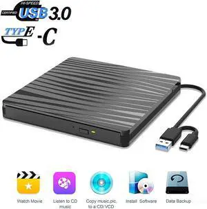 DVD Drive USB 3.0 External CD drive and Type-C interface, Slim Portable External DVD-R DVD / CD, Compatible with Win10 /8.1/7/XP/Vista/Linux,Laptop, Desktop,Mac (Color: Black) eokCXOY