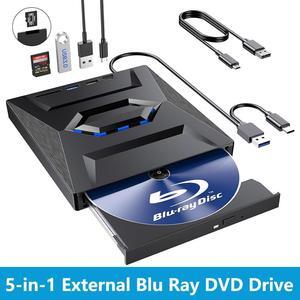External Blu Ray Drive, [5 in 1] Portable Bluray Player Writer Reader, CD Burner with USB 3.0 2.0 Type-C Port & SD Card,DVD & CD-ROM +/-RW, External Blu-Ray Drives for PC Laptop Windows Linux MacOS
