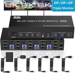 8K Displayport USB 3.0 KVM Switch 3 Monitors 4 Computers, DP+DP+DP Triple Monitor KVM Switch with Audio Microphone Output and 3 USB 3.0 Ports, 8K DP1.4 KVM Triple Monitor Keyboard Mouse Switcher