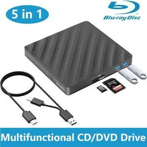 External Blu-ray CD/DVD Drive, [5 in 1] External Optical USB DVD Drive, USB 3.0 Type-C DVD/CD Burner with SD/TF Card Reader 2 USB 3.0 Hubs Compatible with Windows XP/7/8/10 MacOS Laptop and Desktop