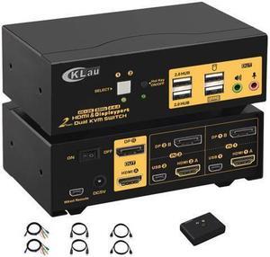 4Kx2K @60Hz 2 Port HDMI + Displayport Dual Monitor KVM Switch with Audio, HDMI DP KVM Switch with USB 2.0 Hub and Cables Support HDMI 2.0, HDCP 2.2, HDR 10
