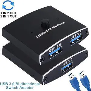 USB 3.0 Switch Selector, Bi-directional USB Sharing Switch [2 in 1 Out/ 1 in 2 Out], USB 3.0 KVM Switcher Adapter for Keyboard, Mouse, Scanner, Printer etc.. (2 Pack USB 3.0 Cable Included)