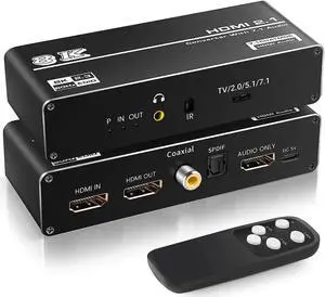 8K HDMI Audio Extractor, HDMI to HDMI + Optical Toslink SPDIF + 3.5mm Audio Jack + Coaxial + 7.1Ch HDMI Audio Splitter, Support HDMI 2.1, HDCP 2.3, Dolby, DTS, HDR10 (with Remote Controller)