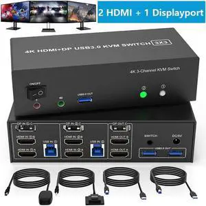 KVM Switch 3 Monitors 2 Computers 4K@60Hz, 2 HDMI+Displayport KVM Switch Triple Monitor for 2 Computer Share 3 Monitor, Audio Mic Port and 3 USB3.0 Devices, Wired Remote and 5V Power Adapter