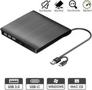 USB 3.0 & USB-C External CD DVD Drive, Premium Portable CD/DVD +/-RW Drive/Writer/Burner Optical Player, Compatible for Windows 10 Laptop PC, MacBook Pro/Air, iMac, Mac OS