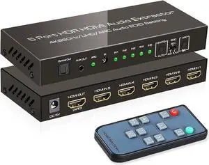 4K@60Hz HDMI 2.0 Switch Audio Extractor with Optical + 3.5mm AUX Output, 5 Ports HDMI Switch, Premium 5 in 1 Out HDMI Switcher Converter Support ARC, HDCP 2.2, HDR10, 18Gbps, D-o-lby Vision, D-ol-by