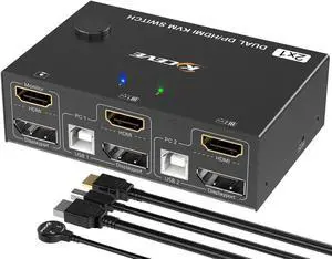 2 Port Dual Monitor Displayport HDMI KVM Switch 4K@60Hz, HDMI DP Extended Display Switcher for 2 Computers Share 2 Monitors (DP+HDMI Port) with 4 USB 2.0 Hub, Desktop Controller and USB HDMI DP Cables