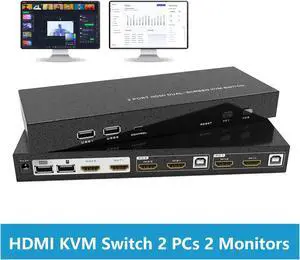 2 Port HDMI KVM Switch 2 Monitors 2 Computers, 4K@60Hz Dual Monitor HDMI KVM Switch 2 in 2 Out for 2 Computers Share 2 Monitors 4 USB 2.0 Hub, Hotkey Buttons, EDID (HDMI & USB Cables Included) eokCXOY