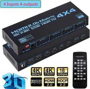 4K HDMI Matrix Switch 4x4, HDMI Matrix Switcher Splitter 4 in 4 Out Box with EDID Extractor and IR Remote Control Support 4K HDR, HDMI 2.0b, HDCP 2.2, 4K@60Hz, 3D, YUV 4:4:4