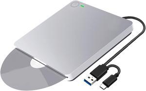 External DVD Drive, USB 3.0 / USB C 3.1 Type-C Slim CD ROM Portable Slot-in CD DVD+/-RW Player Burner Writer for Mac MacBook Air Pro Laptop PC Windows (Silver)
