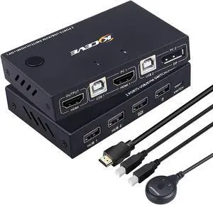 Displayport HDMI KVM Switch, DP+HDMI 2 Port KVM Switch, HDMI and Displayport USB Switch for 2 Computers Share One Set Keyboard Mouse Printer and One Monitor, 4K @30Hz with DP to HDMI Function