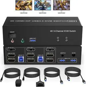 [2 HDMI + 1 Displayport] KVM Switch 3 Monitor 2 Computers, 4K@60Hz Triple Monitor KVM Switch with Audio&microphone and 3 USB 3.0 Ports, 2 Computers Share 3 Monitors Keyboard Mouse Switcher