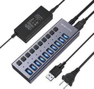 Powered USB 3.0 Hub, 10 Ports USB 3.0 Data Hub, with Individual On/Off Switches, 12V/4A 48W Power Adapter, USB Hub 3.0 Splitter Extension for M-a-c-Book, Ma-c Pro/Mini, i-M-a-c, Sur-face Pro Laptop/PC