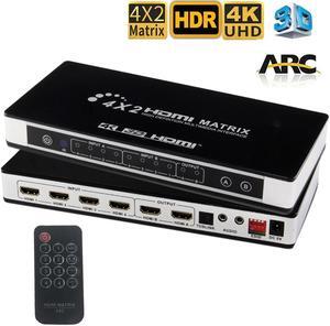 HDMI Matrix ARC Switch 4x2 4K@60Hz HDMI 2.0 YUV444, SPDIF and L/R Audio Output, Audio Return Channel, HDMI Down Scaler 4K 1080P Sync, IR Remote, HDR10+,HDCP2.2, 18Gbps, 4 IN 2 OUT HDMI MATRIX Splitter