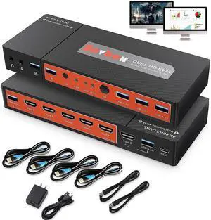 Dual Monitor HDMI KVM Switcher2 in 2 Out, 2 Port Dual Monitor Extended Display, 4K @60Hz 4:4:4 HDMI KVM Switch for 2 Monitors 2 Computers with 3 USB 3.0 Hub, Audio, Hotkey & Button Switching