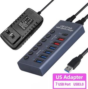 Aluminum Powered USB 3.0 Hub, 7-Port USB Hub Splitter (4 USB 3.0 Data Transmission Ports + 2 Smart Charging Ports + 1 PD Charging Port), with 36W (12V/3A) Power Adapter and Independent Switch