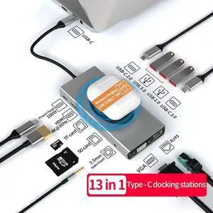 USB C HUB 13 in 1, Docking Station Adapter mit 4K-HDMI, VGA, RJ45 Ethernet, 2×USB3.0, USB C 3.0&2.0, PD 100W, SD/TF & 3.5mm AUX, for MacBook Pro & Laptops