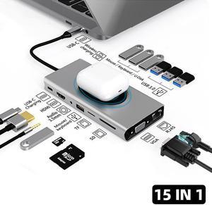 USB C Docking Station 15 in 1 USB-C Dual Display Laptop USB Type-C Hub Multiport Adapter Dongle with HDMI VGA USB Port SD/TF Audio PD Compatible with Mac & MacBook & Windows Laptop
