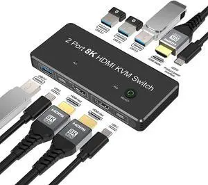2 Port 8K HDMI KVM Switch 2 in 1 Out 8K@60Hz 4K@120Hz 2 PC to 1 Monitor with 4 USB 3.0 Ports for Sharing Keyboard, Mouse, U Disk