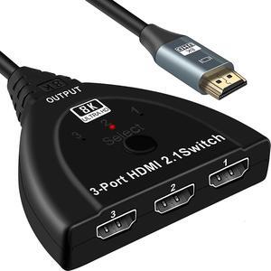 8K HDMI 2.1 Switch, HDMI Switch 4K 120Hz, 3 Port HDMI Switcher Selector Box with Pigtail Cable, Supports 8K@60Hz, 4K@120Hz, 4K@60Hz 48Gbps High Speed for PS4/5 Roku Xbox TV Monitor Projector