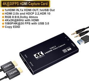 Upgraded USB3.0 HDMI 4K 60Hz Video Capture, HDMI to USB3.0, 4K@30fps 1080p60fps Video Capture Card Dongle Game Streaming Live Stream Broadcast Support HDR, EDID, HDCP2.2 with MIC&Audio