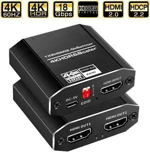 1x2 HDMI Splitter, HDMI 2.0 HDCP 2.2,4K@60Hz 1x2HDMI Splitter.support Scaler(one Out 4K@60Hz,Another Out 1080P),RGB 4:4:4,4 kinds of EDID mode,HDR 10 .