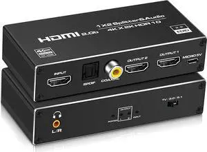 HDMI Splitter Audio Extractor, 1 in 2 Out HDMI Splitter with 3.5mm Audio Jack + Coaxial + Optical Toslink SPDIF for Dual Monitors Duplicate/Mirror Only, Support HDMI 2.0 1080P/ 3D/ 4K