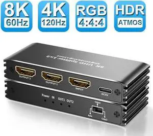 HDMI 2.1 Splitter 8K@60Hz, HDMI Splitter 1 in 2 Out 4K@120Hz, HDMI Splitter for Dual Monitors (Only Copy/Mirror Input Screen), HDMI Splitter for Gaming Support 48Gbps, HDCP 2.3, RGB 4:4:4