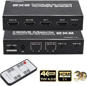 HDMI Matrix Switch 2x2, 4K@60Hz HDMI Switch Adapter 2 in 2 Out with IR Remote Control, Support HDMI 2.0b, HDCP2.2, HDR10, Ultra HD, 3D