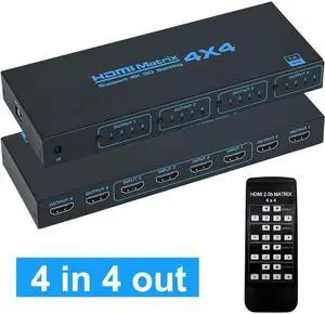 HDMI Matrix Switch 4x4, 4 Ports HDMI Matrix 4 in 4 Out with IR Remote Control, Support HDMI 1.4, 1080P@60Hz, 3D, YUV 4:2:0 (Black)