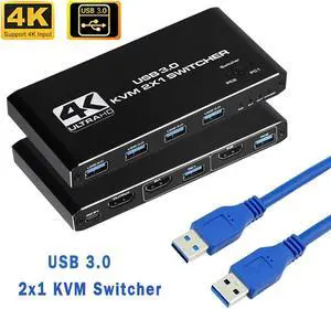 USB KVM Switch USB 3.0 Switcher HDMI-compatible KVM Switch 2 In 1 Out 4K for 2 PC Sharing Keyboard and Mouse EDID / HDCP Printer