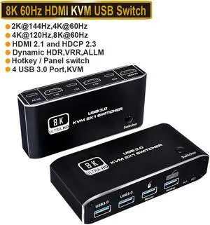 HDMI KVM Switch, 8K USB Switch 2x1 HDMI2.1 Ports + 4X USB3.0 KVM Ports, Share 2 Computers one Monitor Switch,Supports 8K 60Hz,4K 120Hz,YUV 4:4:4, HDCP 2.3, HDR 10, Hotkey