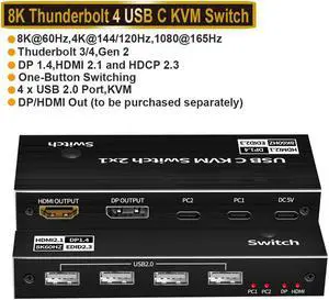 2x1 USB-C KVM Switch, 8K 60Hz USB-C Switch Box, 2 PC Input 1 DisplayPort / HDMI Monitor Output, 2 Laptop Share 4 USB Devices Support One Button switching for Macbook Laptop PC