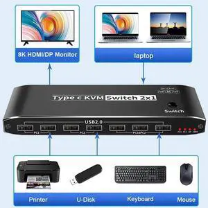 2x1 8K Thunderbolt 4 USB C KVM Switch RJ45 100W PD Charge 4K 144Hz Type C KVM Switch Switcher for 2 Computer 1 Monitor