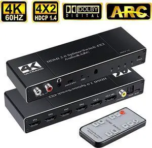 4K HDMI Switch Splitter, 4 in 2 Out HDMI Switch Splitter Support ARC with R/L 3.5mm Audio + Coaxial + SPDIF Audio Extractor Function with IR Remote Control