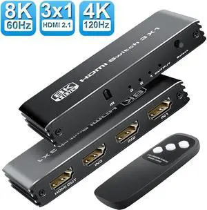 3 Ports 8K HDMI 2.1 Switch 3 in 1 Out 4K@120Hz 8K@60Hz HDMI Switcher Splitter with Remote, Support VRR ALLM Auto-Switching HDR 10 Dolby Vision/Avmos, for PS5/4, Xbox, PC, Apple-TV