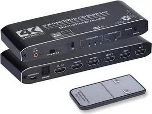 4K HDMI Splitter 2x4, HDMI Switch 2 in 4 Out Switcher Box with Audio Extractor and IR Remote Control, Support Ultra 4K HDR,4Kx2K@60Hz, 3D, 1080P,HDMI 2.0b, HDCP 2.2
