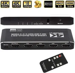 4K HDMI Switch 4x1, 4 Port HDMI Selector Switcher 4 in 1 Out with IR Remote Control Support 4K@60Hz, 4Kx2K, HDR, HDMI 2.0b, HDCP 2.2, 3D, 1080P