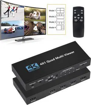 HDMI Multiviewer Switch 4x1, Quad Seamless Switcher 4 in 1 Out with IR Remote Control, Support 4K Full HD and 5 Display Modes for Security Camera, Gaming Consoles