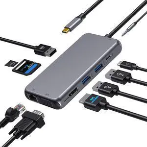 USB C Hub Type C Multiport Adapter for MacBook Pro/Air, 10 in 1 Mac Dongle with HDMI, Ethernet, VGA, PD Port, 3 USB 3.0, SD/TF Card Reader and Mic/Audio for Windows Type C Laptops