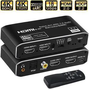 HDMI Audio Extractor, 2x1 HDMI Switch to HDMI + Optical Toslink SPDIF + 3.5mm Audio Jack + Coaxial + 7.1Ch HDMI Audio Support ARC and eARC Function for Apple TV PS4