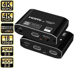4K@60Hz HDMI 2.0b Audio Extractor with 7.1CH Atoms, HDMI to HDMI + HDMI 7.1CH + Optical Toslink SPDIF + 3.5mm Audio, HDMI Audio Embedder Converter Adapter for PS5, Xbox, Fire Stick