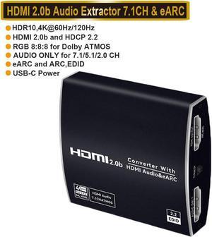 Best eARC HDMI 2.0 Splitter 4K 60Hz with HDMI Audio Extractor - 4K HDMI to Optical TOSLINK SPDIF 7.1 - HDCP 2.2, 3D, EDID, 1 in 2 Out, for Game Xbox PS5
