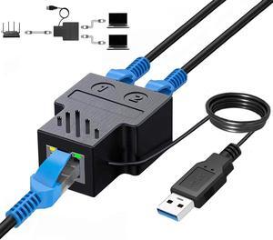 RJ45 Network Splitter Adapter, 1 to 2 Dual Female USB to RJ45 Port with USB Power Cable LAN Interface Ethernet Socket Connector 8P8C Extender Plug Go Online Simultaneously for Cat6, Cat7