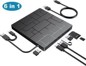 [6 in 1] External CD DVD Drive, Type C&USB 3.0 External CD DVD Burner for Laptop with 4 USB Ports&2 SD Card Slots&1 Type-C Ports, CD/DVD ROM +/-RW Optical Disk Drive for Windows 11/10/8/7 Linux Mac OS