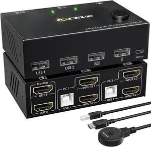 2 Port Dual Monitor HDMI KVM Switch 4K @30Hz, HDMI USB KVM Switch for 2 PCs 2 monitors with 4 USB 2.0 Hub, KVM switch with 2 HDMI and 2 USB cables, Button Switch, Compatible with Windows/Linux/Mac OS